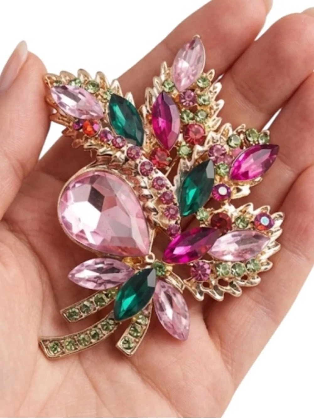 Vintage Style Pink Green Crystal Floral Brooch Statement Flower Jeweled Pin New